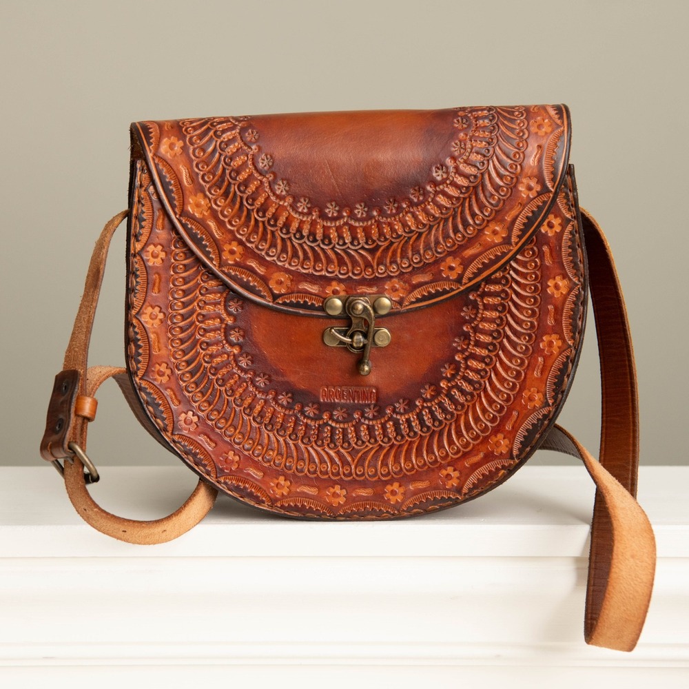 VTG Argentina Hand Tooled Leather Crossbody Saddle Bag Boho Western Artisan Art